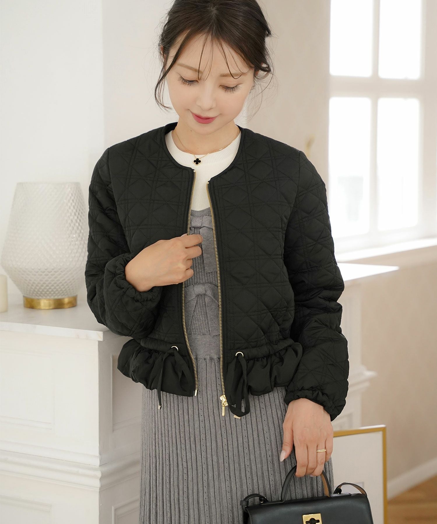 TIME-SALE 2WAY ショート丈 キルティング ノーカラー中綿 ジャケット