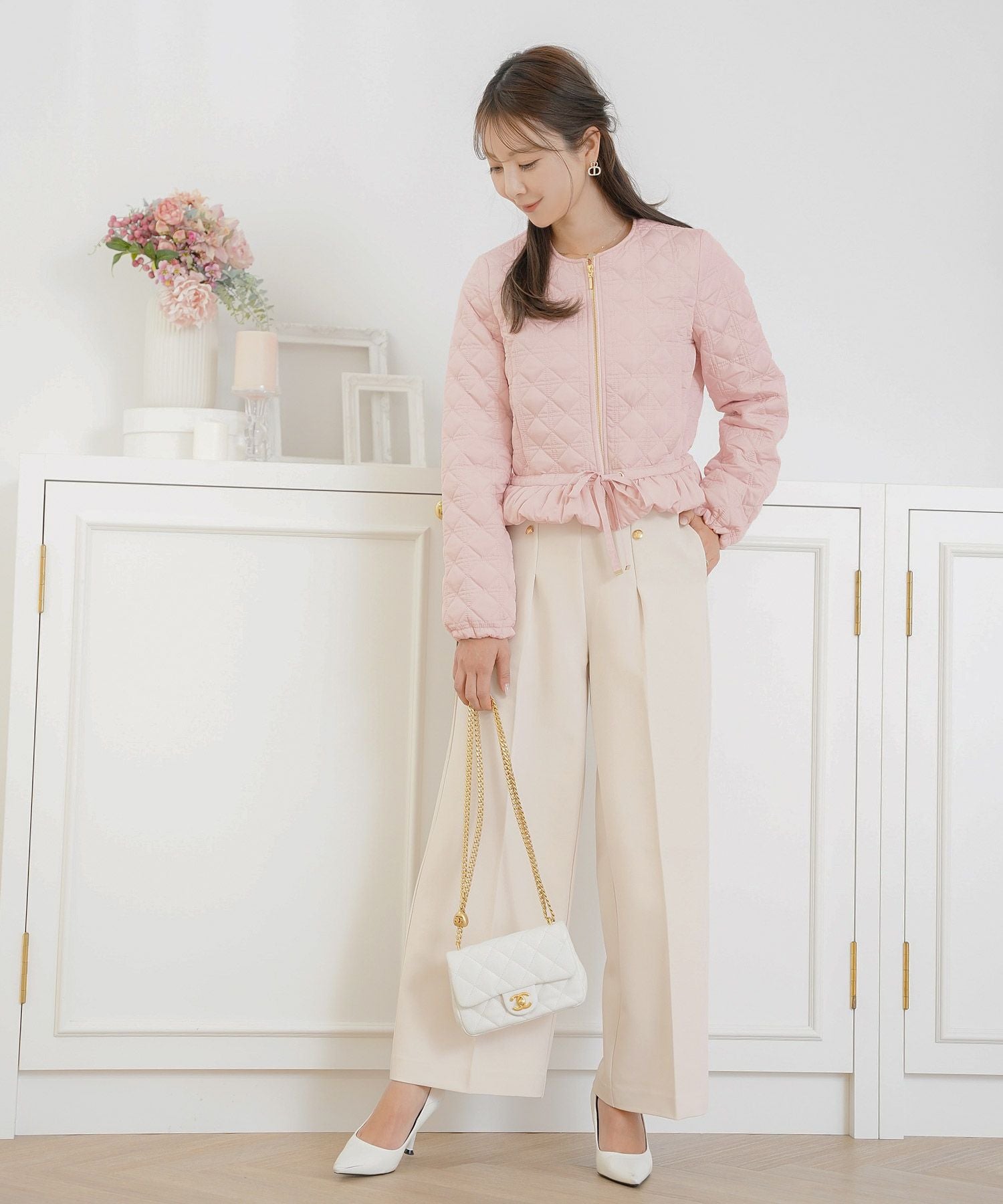 2WAY ショート丈 キルティング ノーカラー中綿 ジャケット le reve