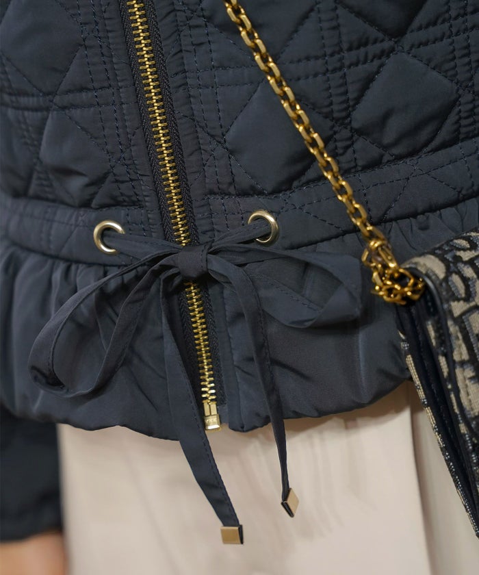 レデイース アウター キルティング ショート丈 ダイヤ柄 オシャレ 中綿 2WAY 上品 エレガント カワイイ ベージュ ピンク ネイビー ブラック ホワイト フリル リボン 低身長 ジャケット