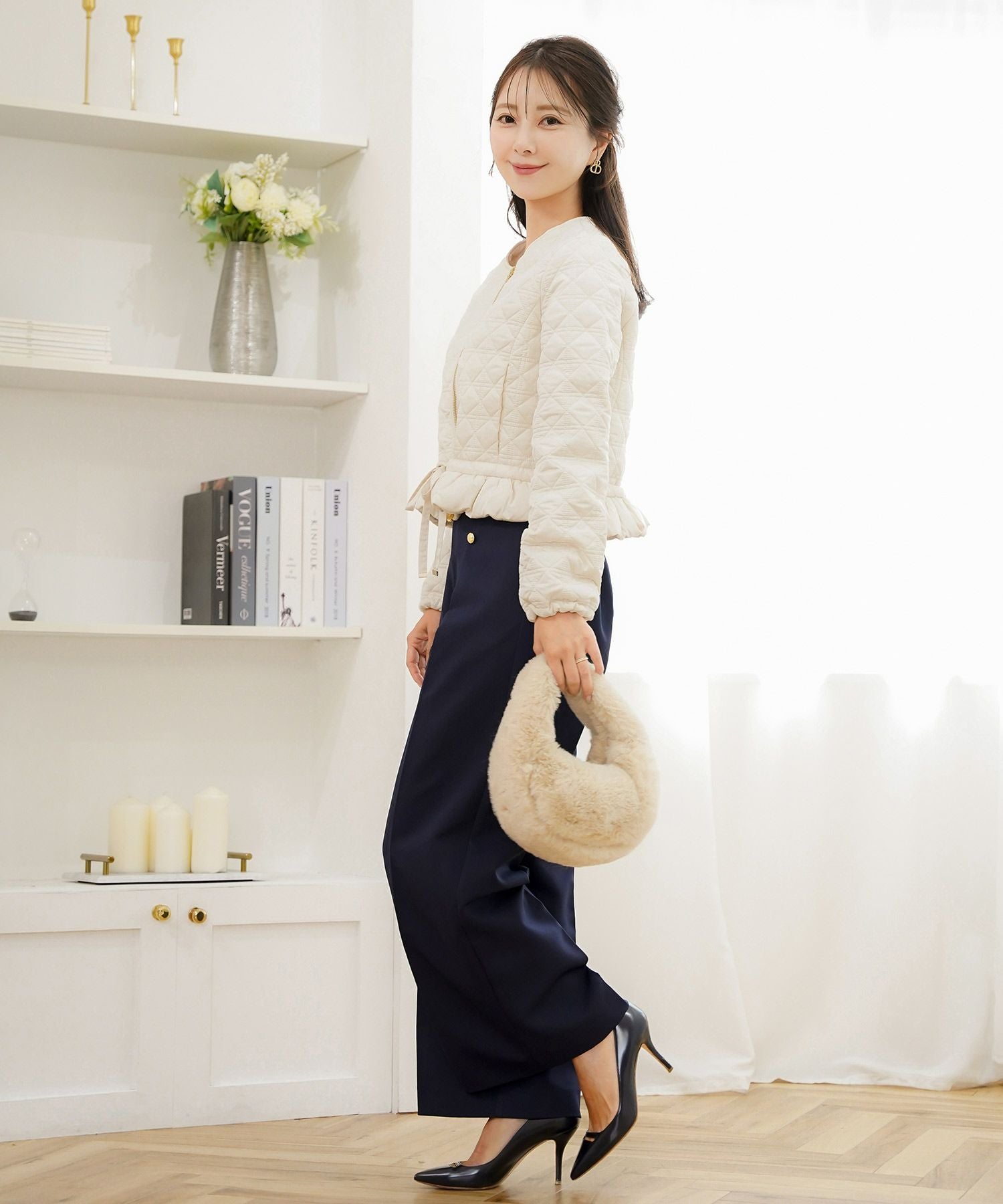 2WAY ショート丈 キルティング ノーカラー中綿 ジャケット le reve