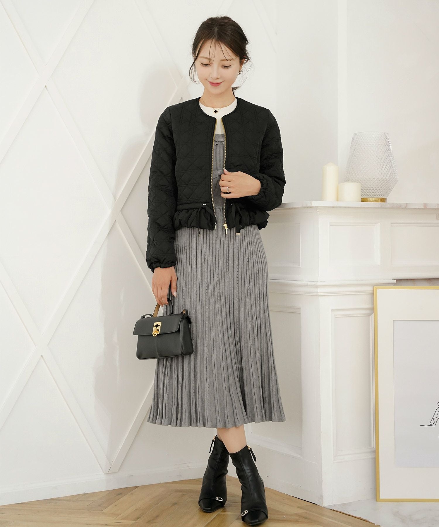 2WAY ショート丈 キルティング ノーカラー中綿 ジャケット le reve