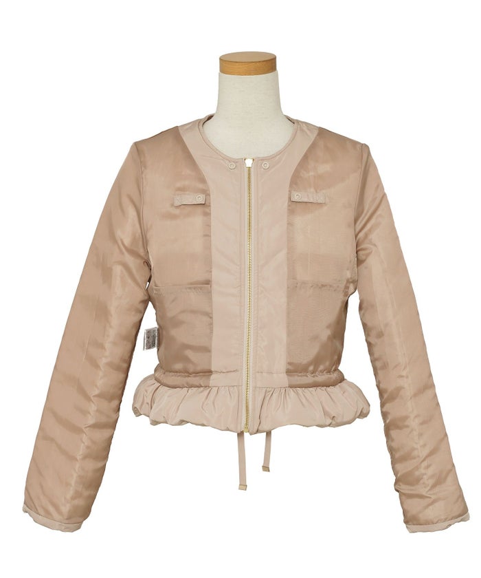 レデイース アウター キルティング ショート丈 ダイヤ柄 オシャレ 中綿 2WAY 上品 エレガント カワイイ ベージュ ピンク ネイビー ブラック ホワイト フリル リボン 低身長 ジャケット