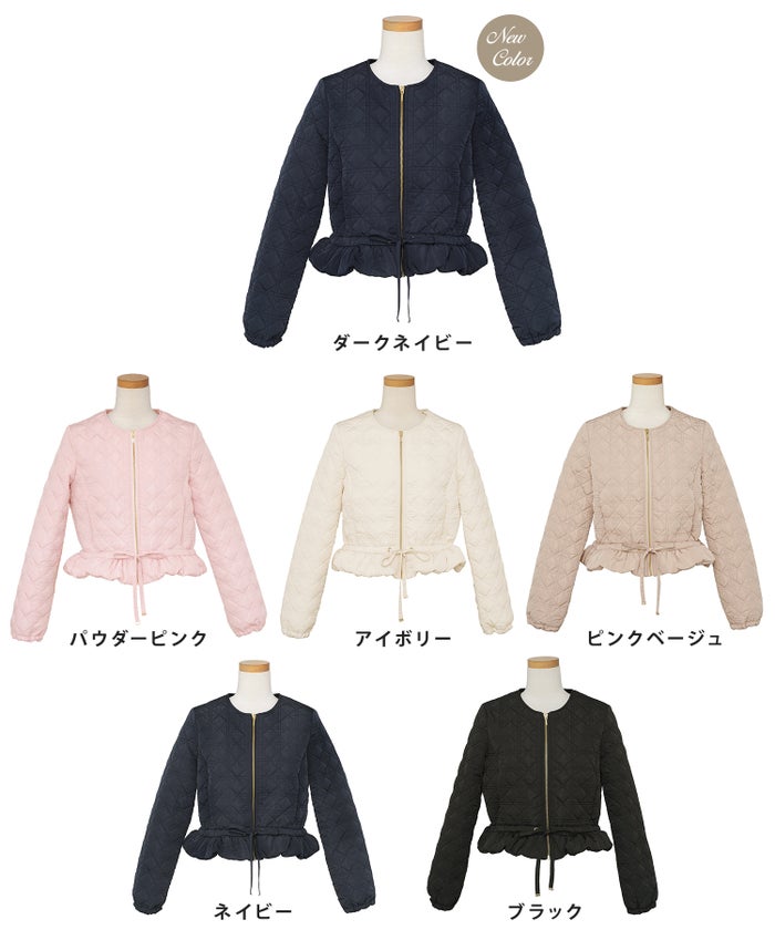 レデイース アウター キルティング ショート丈 ダイヤ柄 オシャレ 中綿 2WAY 上品 エレガント カワイイ ベージュ ピンク ネイビー ブラック ホワイト フリル リボン ジャケット 2WAY ショート丈 キルティング ノーカラー中綿 ジャケット le reve vaniller
