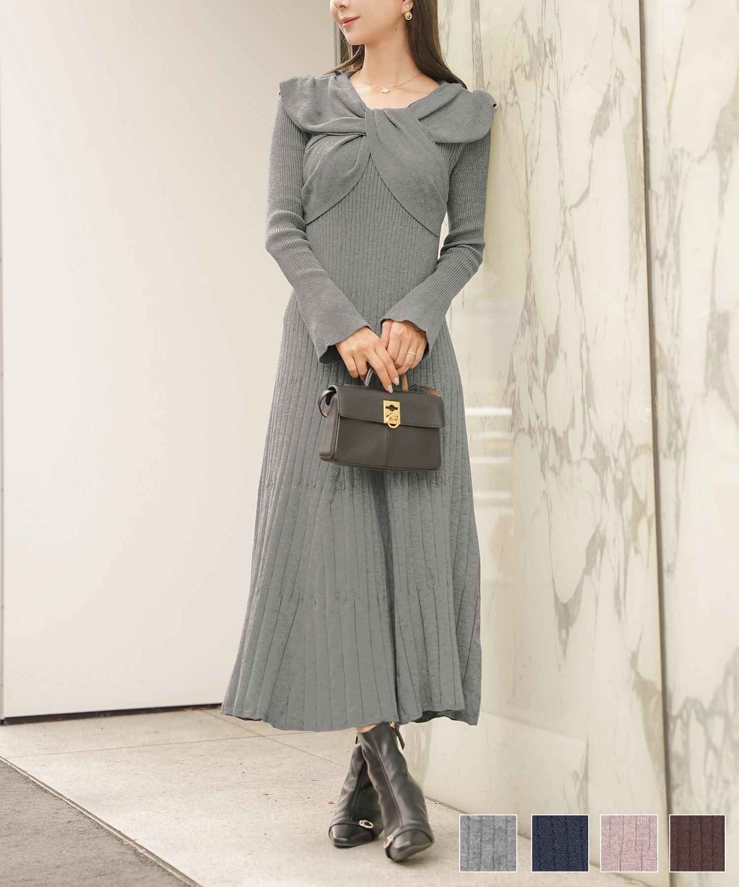 【美品】フォクシー ニットワンピースドレス トロンプ・ルイユ 長袖 グレー TIME-SALE リボン オフショル風 ハイゲージ ニット ワンピース le reve