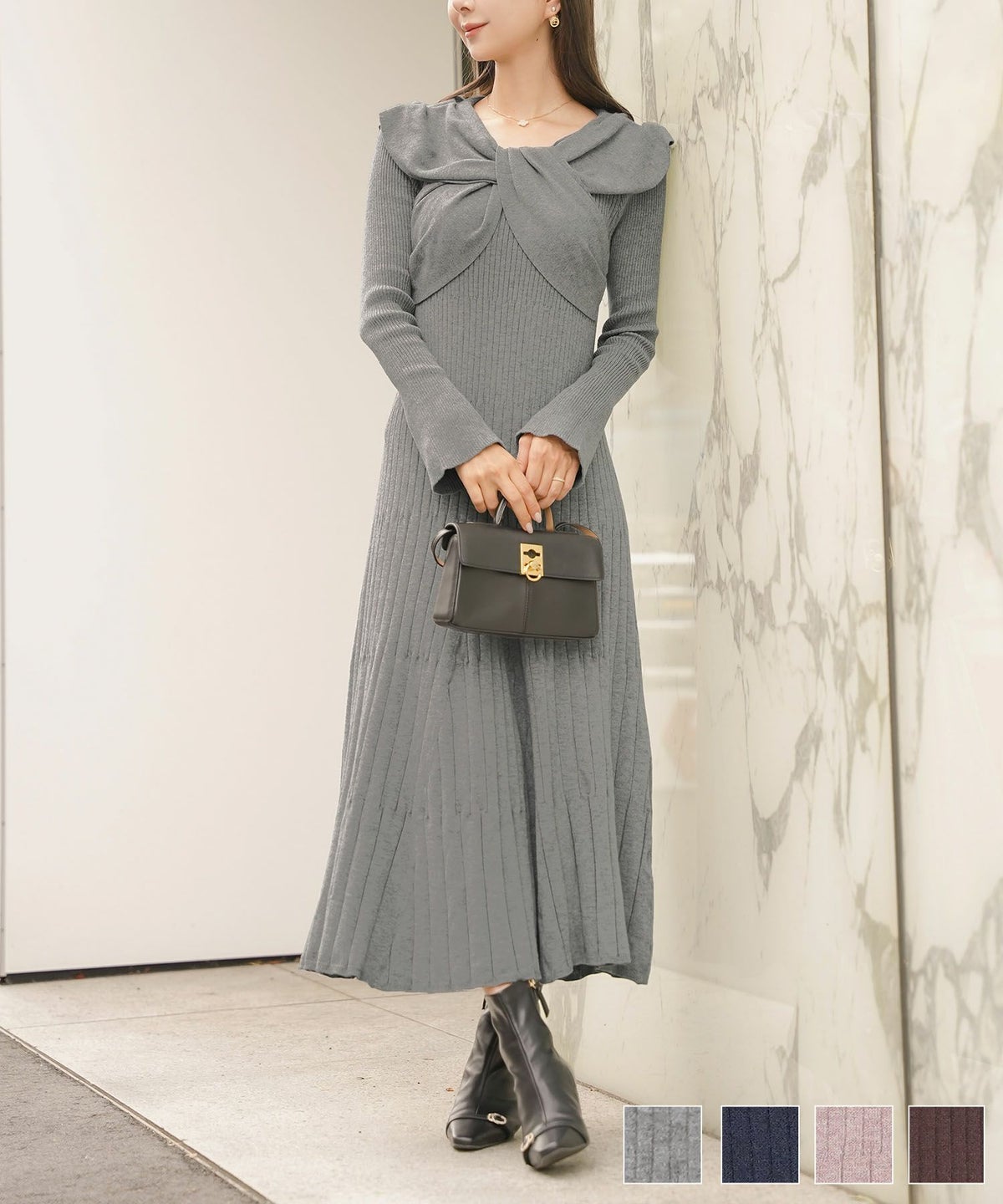 ワンピース ニット リボン オフショル 長袖 フレア袖 ジョイントスペース リボン オフショル風 ハイゲージ ニット ワンピース le reve vaniller