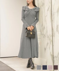 ワンピース ニット リボン オフショル 長袖 フレア袖 ジョイントスペース リボン オフショル風 ハイゲージ ニット ワンピース le reve vaniller