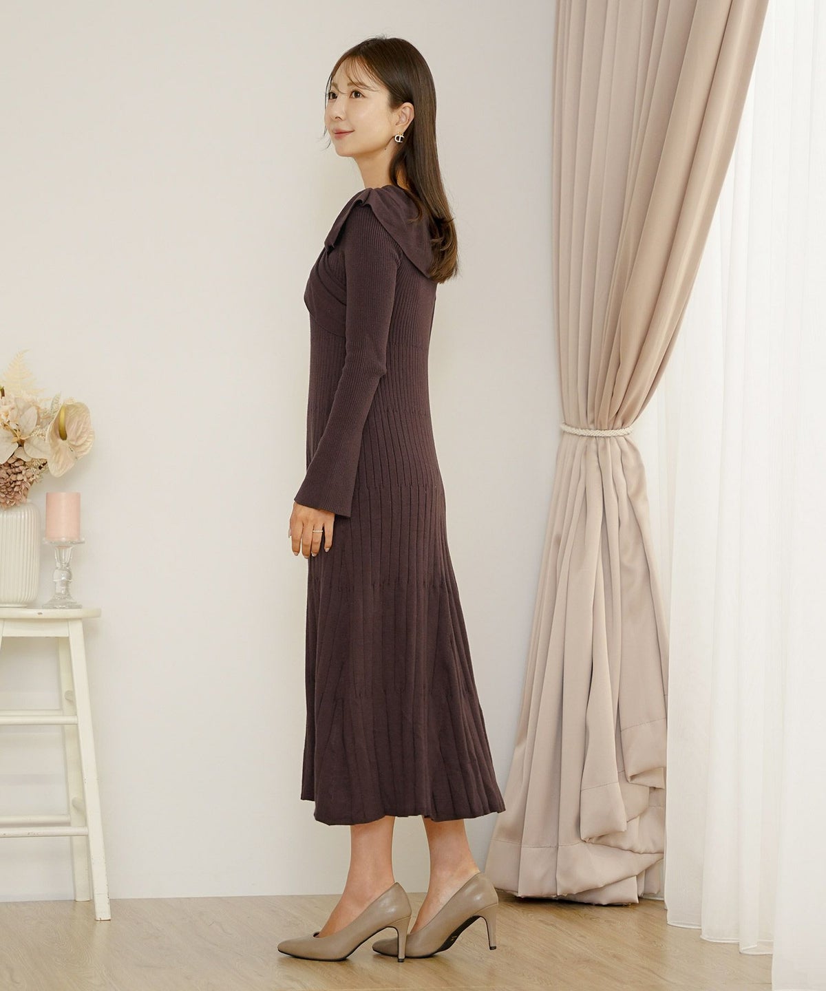 ワンピース ニット リボン オフショル 長袖 フレア袖 スリーブ ブラウン モカ ネイビー グレー きれいめ 楽ちん ディナー 食事会 女子会