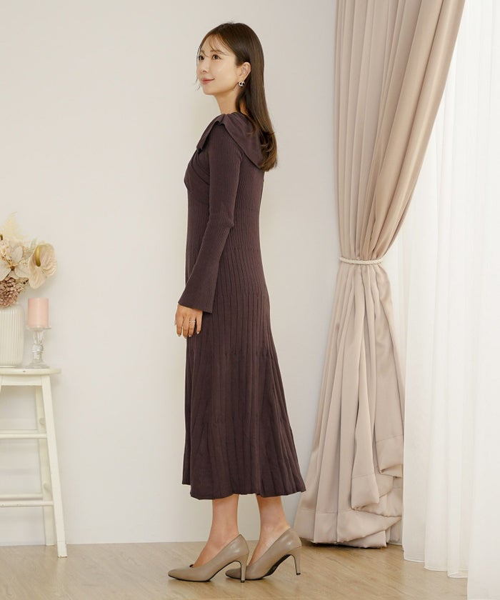 ワンピース ニット リボン オフショル 長袖 フレア袖 スリーブ ブラウン モカ ネイビー グレー きれいめ 楽ちん ディナー 食事会 女子会