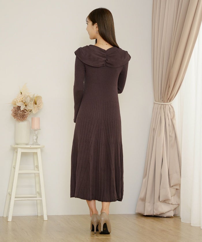 ワンピース ニット リボン オフショル 長袖 フレア袖 スリーブ ブラウン モカ ネイビー グレー きれいめ 楽ちん ディナー 食事会 女子会