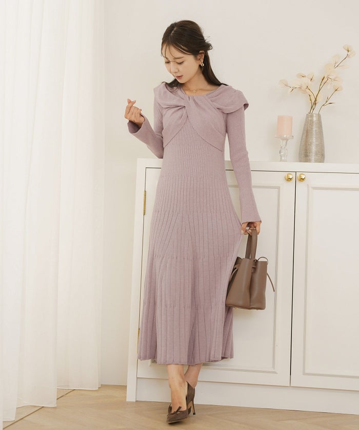 ワンピース ニット リボン オフショル 長袖 フレア袖 スリーブ ブラウン モカ ネイビー グレー きれいめ 楽ちん ディナー 食事会 女子会