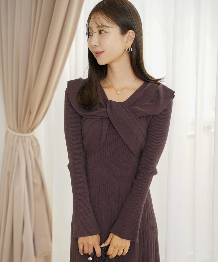 ワンピース ニット リボン オフショル 長袖 フレア袖 スリーブ ブラウン モカ ネイビー グレー きれいめ 楽ちん ディナー 食事会 女子会