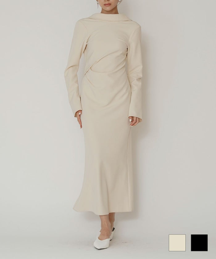 結婚式 フォーマル ディナー バックオープン パーティードレス 二次会 前撮り モード Iライン タイト 韓国風 綺麗め 細見え カジュアル KINO THE KEI ロールカラー バックコンシャス ワンピース KINO THE KEI