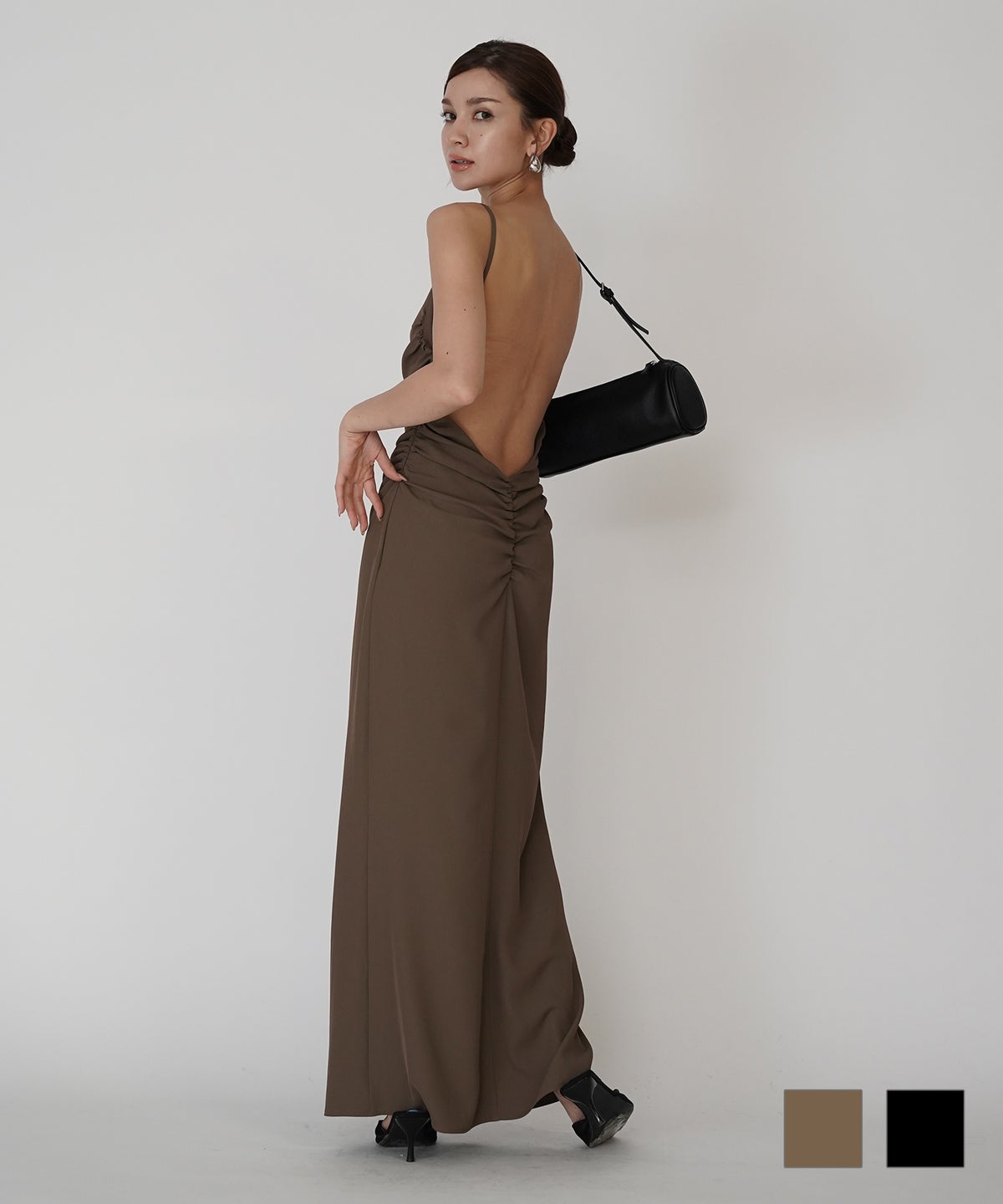 フィットネス バックオープンワンピ 海外 ロング丈 リゾートワンピ パーティ ディナー タイトワンピース 韓国風 綺麗め 細見え カジュアル KINO THE KEI バック オープン ギャザー キャミ ワンピース KINO THE KEI