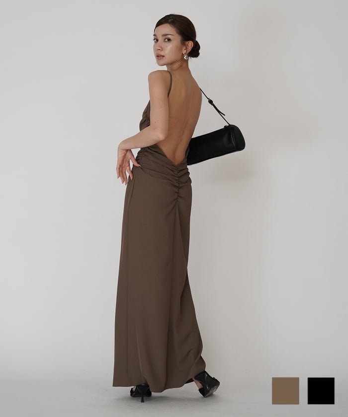 フィットネス バックオープンワンピ 海外 ロング丈 リゾートワンピ パーティ ディナー タイトワンピース 韓国風 綺麗め 細見え カジュアル KINO THE KEI バック オープン ギャザー キャミ ワンピース KINO THE KEI