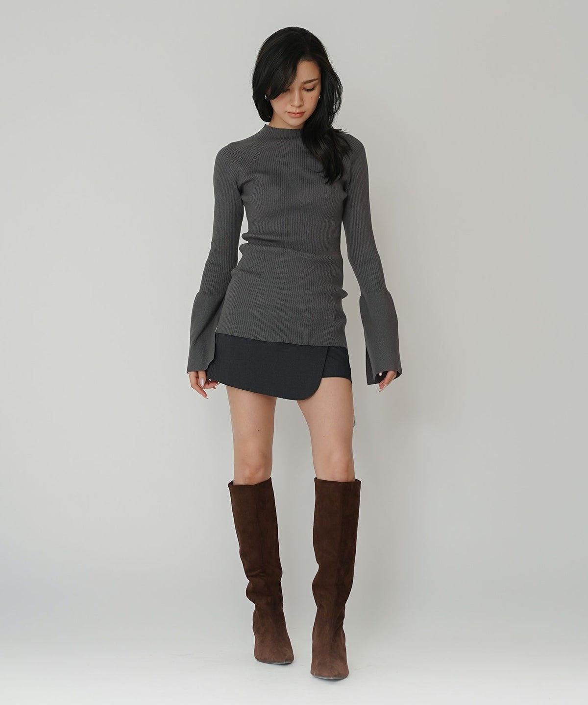 ミニスカート ショート丈 ミニボトム ウエストゴム 台形 タイトスカート 制服 韓国風 綺麗め 細見え カジュアル KINO THE KEI