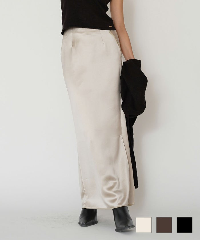 オフィス フォーマル デート サテンスカート Iラインスカート ロングスカート タイトスカート 韓国風 綺麗め 細見え カジュアル KINO THE KEI アセテート デザイン ナロー スカート KINO THE KEI