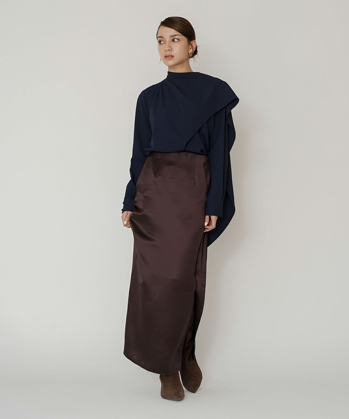 オフィス フォーマル デート サテンスカート Iラインスカート ロングスカート タイトスカート 韓国風 綺麗め 細見え カジュアル KINO THE KEI