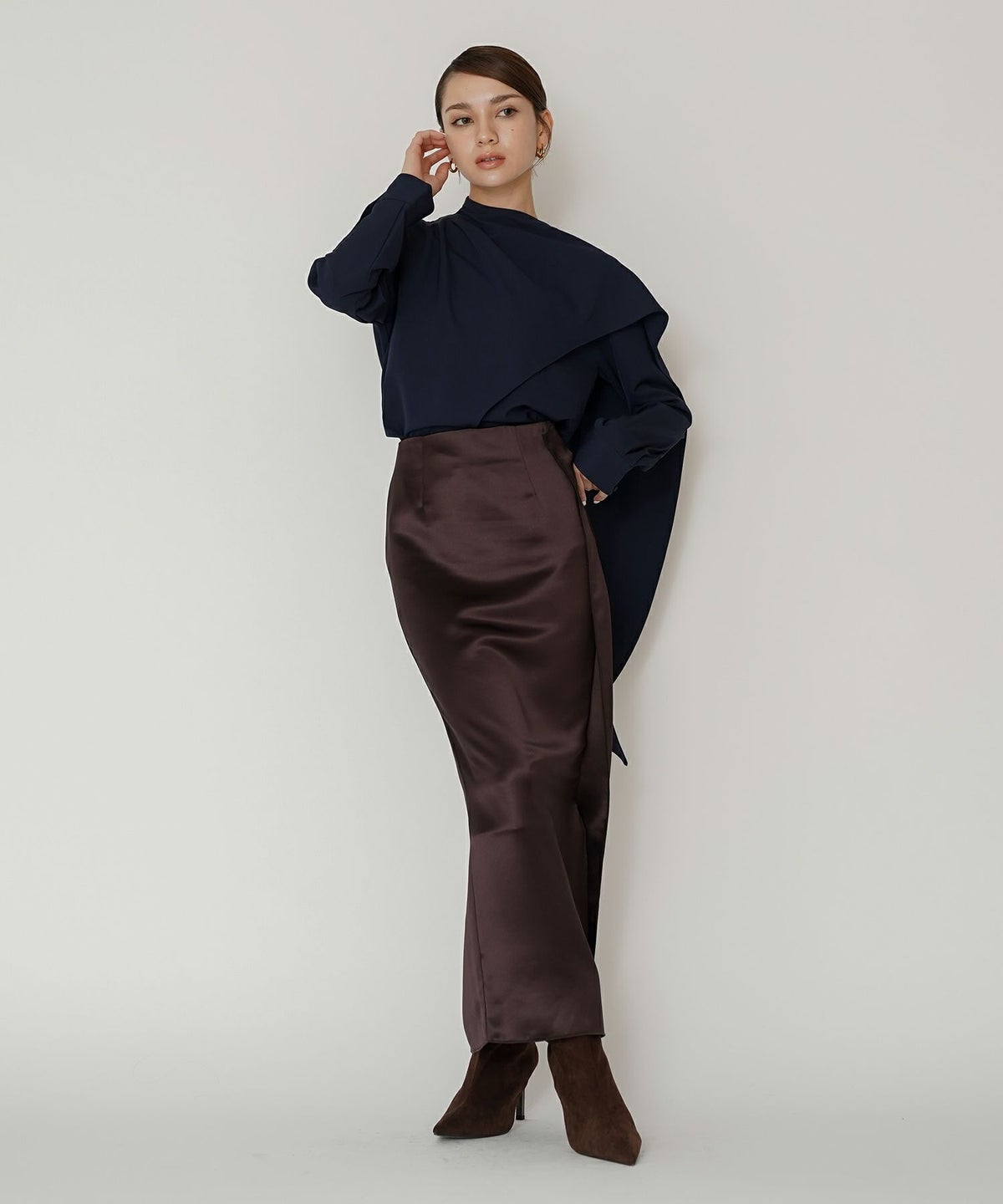 オフィス フォーマル デート サテンスカート Iラインスカート ロングスカート タイトスカート 韓国風 綺麗め 細見え カジュアル KINO THE KEI