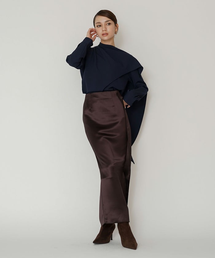 オフィス フォーマル デート サテンスカート Iラインスカート ロングスカート タイトスカート 韓国風 綺麗め 細見え カジュアル KINO THE KEI