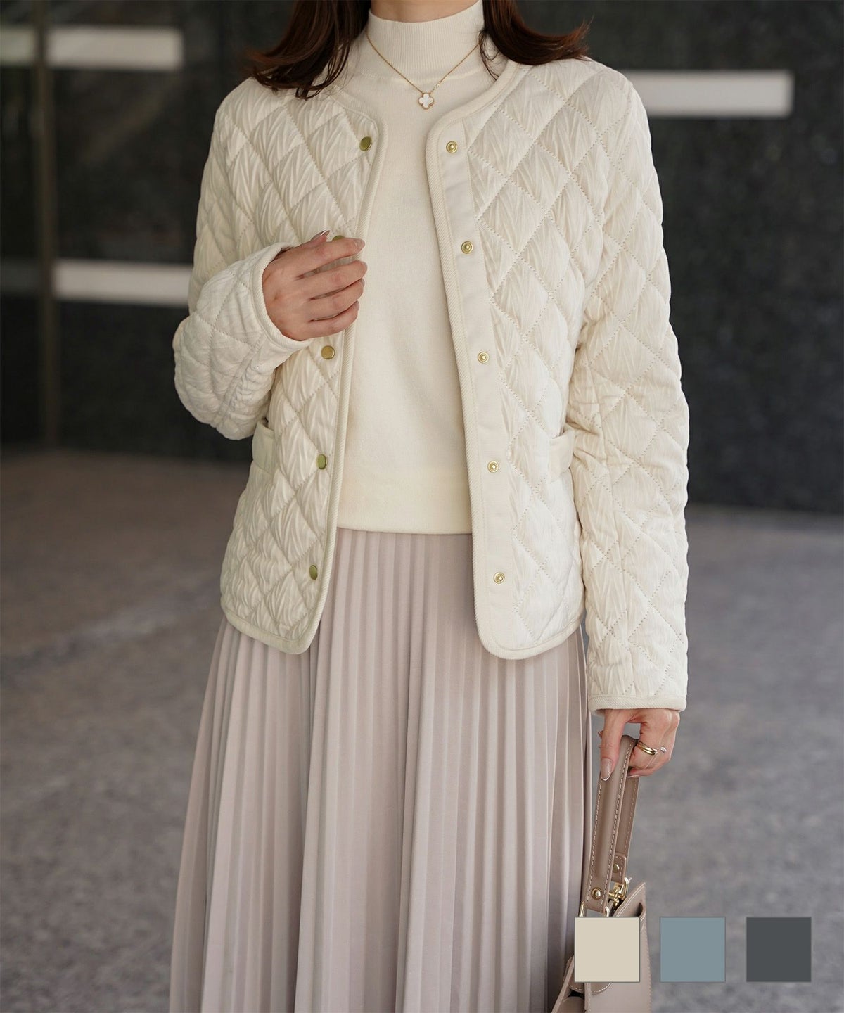 キルティング ベロア ジャケット ブルゾン アウター 大人カジュアル トレンド 秋 冬 アイボリー サックス ネイビー M キルティング ベロア ジャケット HUIT