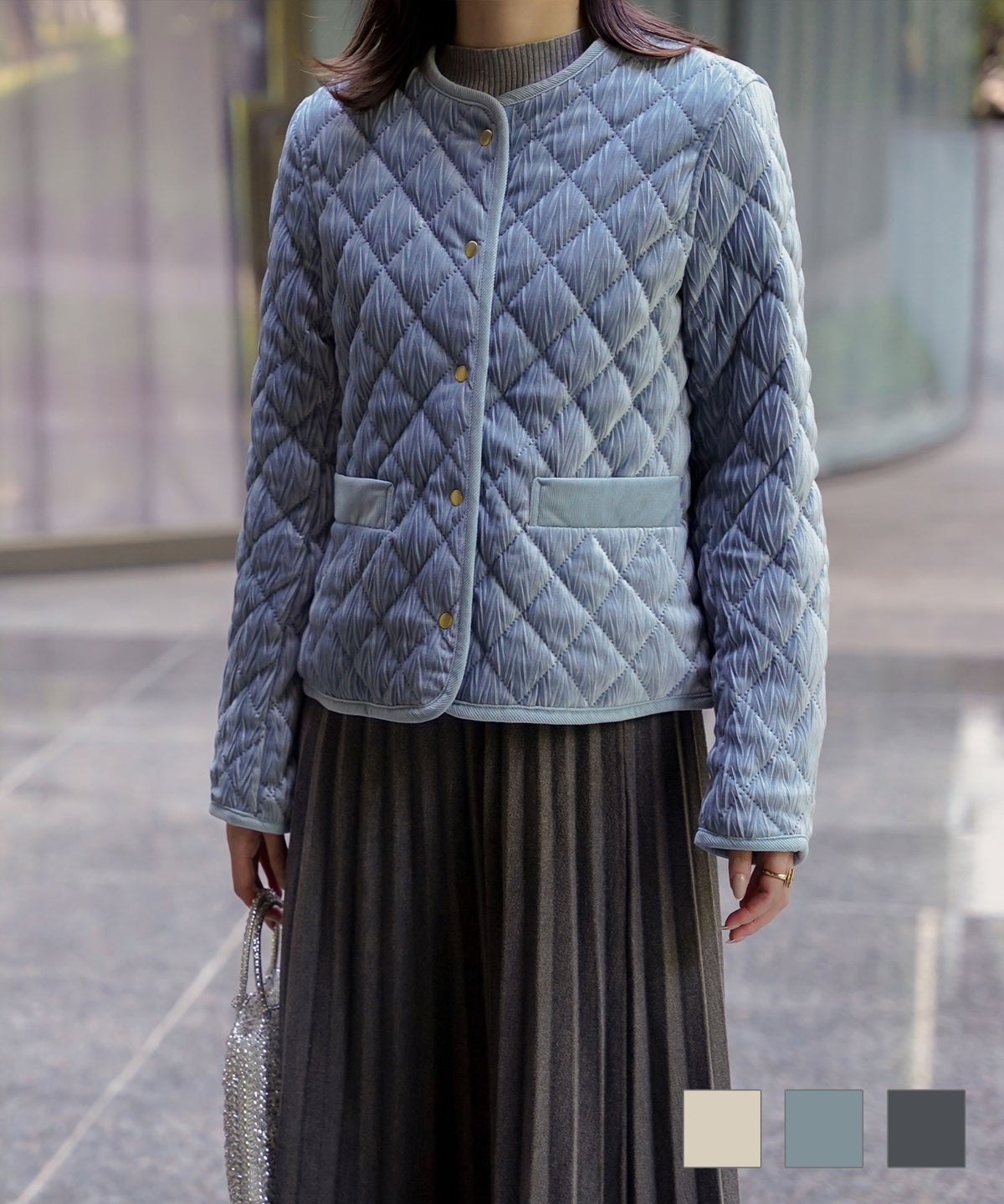 キルティング ベロア ジャケット ブルゾン アウター 大人カジュアル トレンド 秋 冬 アイボリー サックス ネイビー M キルティング ベロア ジャケット HUIT