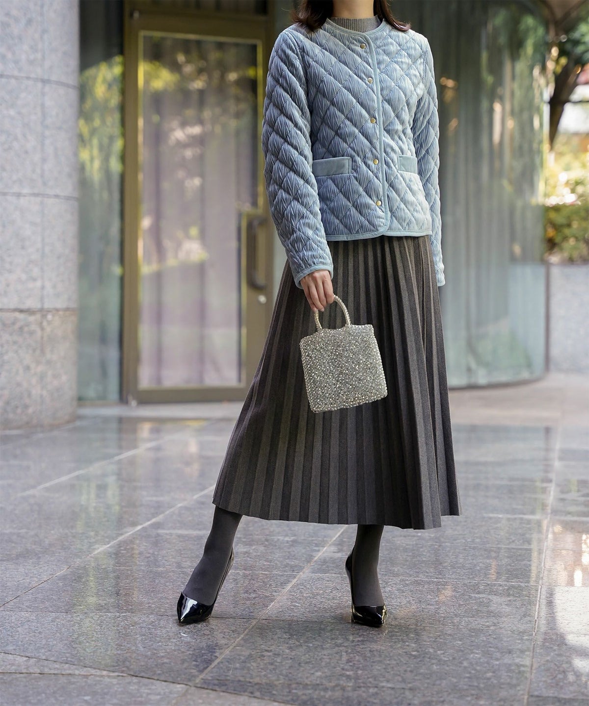 キルティング ベロア ジャケット ブルゾン アウター 大人カジュアル トレンド 秋 冬 アイボリー/サックス/ネイビー M