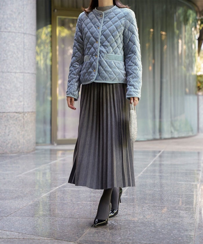 キルティング ベロア ジャケット ブルゾン アウター 大人カジュアル トレンド 秋 冬 アイボリー/サックス/ネイビー M