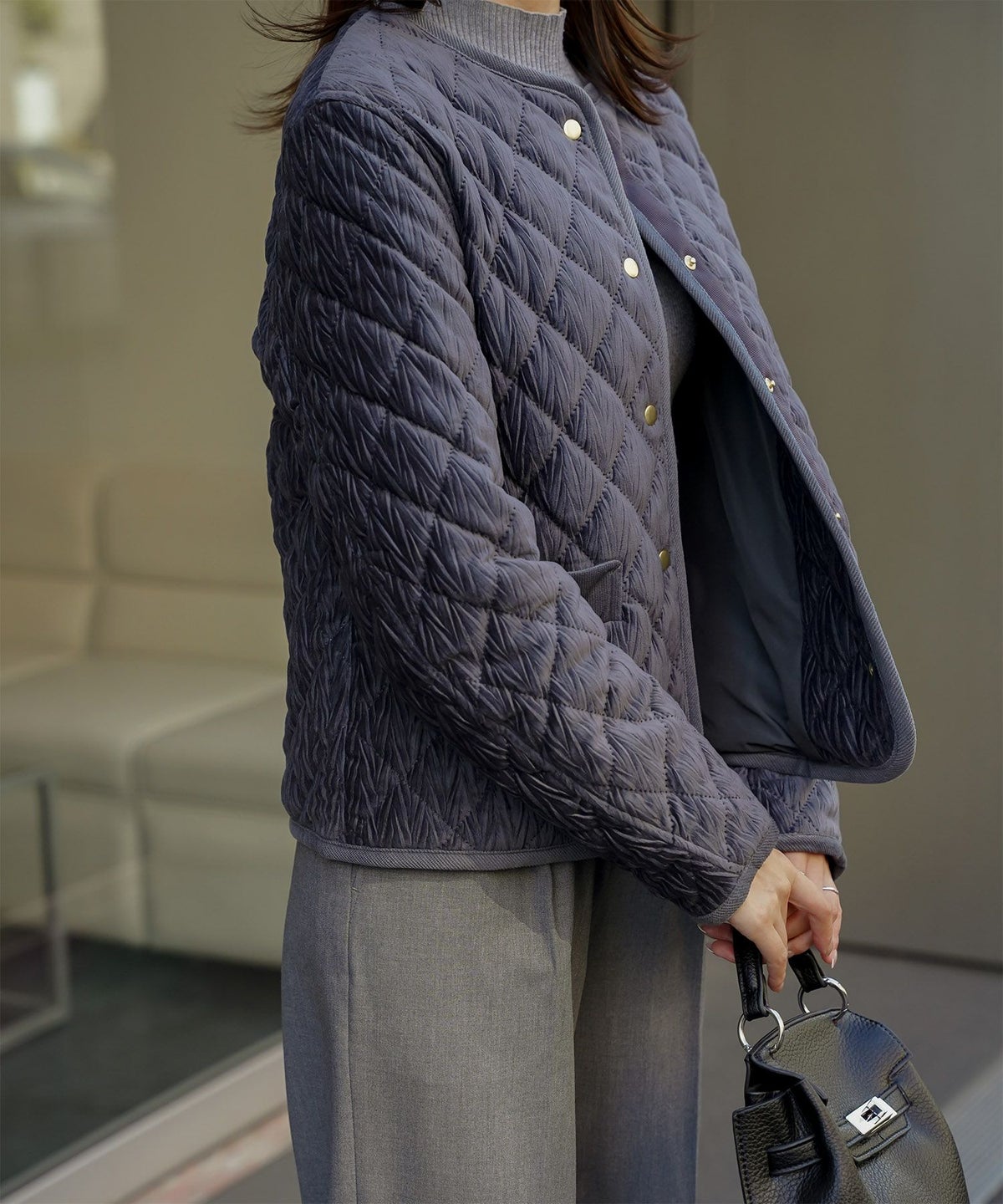 キルティング ベロア ジャケット ブルゾン アウター 大人カジュアル トレンド 秋 冬 アイボリー/サックス/ネイビー M