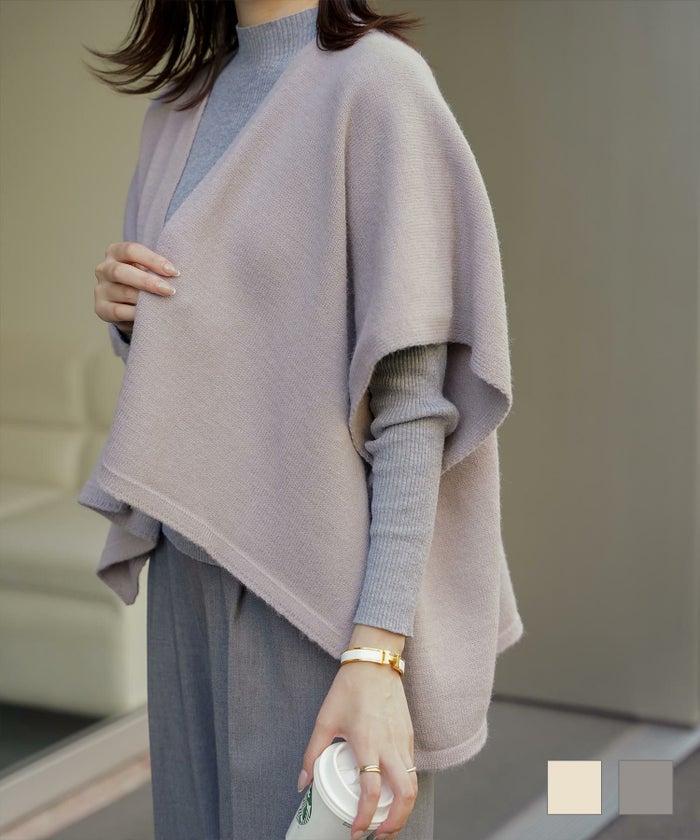 ショール風 ニット カーディガン 五分袖 ショール 羽織り きれいめ 洗える アイボリー グレー M ショール風 ニット カーディガン HUIT