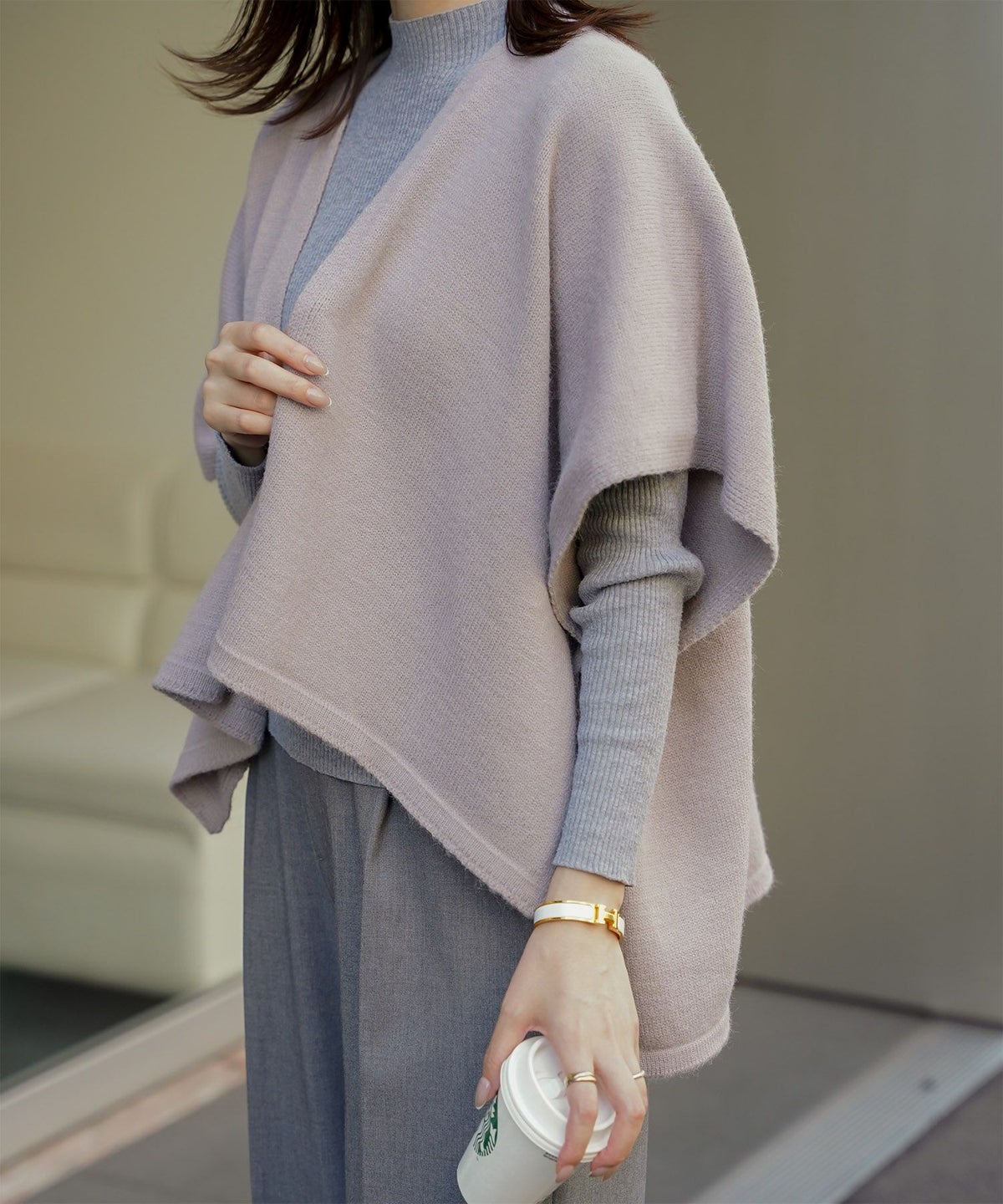 ショール風 ニット カーディガン 五分袖 ショール 羽織り きれいめ 洗える アイボリー/グレー/M