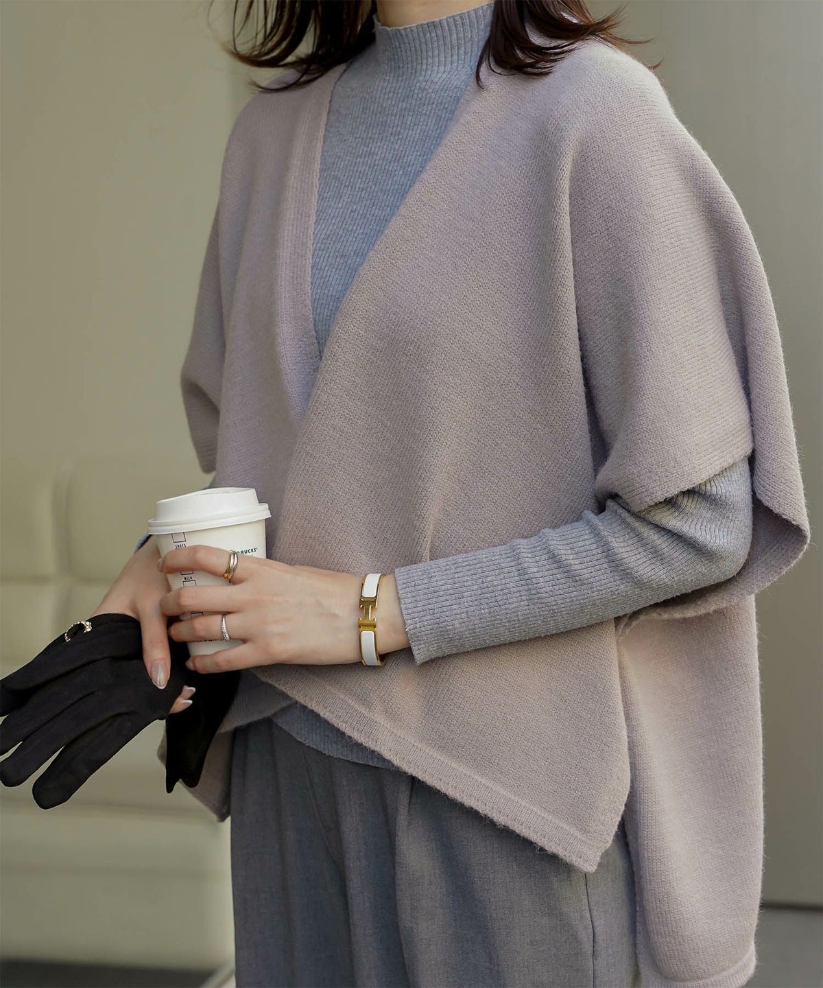 ショール風 ニット カーディガン 五分袖 ショール 羽織り きれいめ 洗える アイボリー/グレー/M