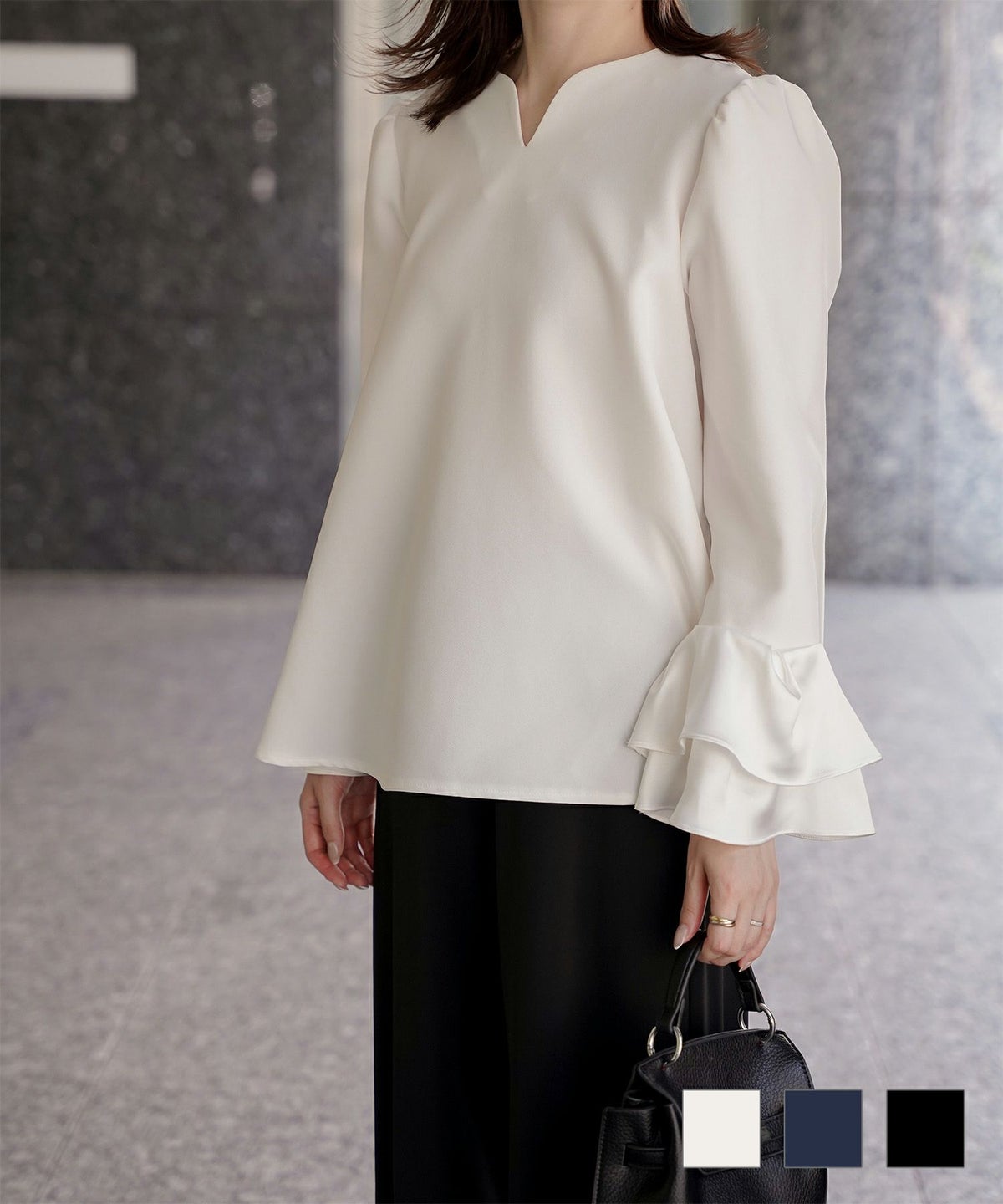 サテン ベルスリーブ ブラウス レディース 長袖 フレア オフィス 学校行事 オケージョン きれいめ 洗える ホワイト ネイビー ブラック M サテン ベルスリーブ ブラウス HUIT