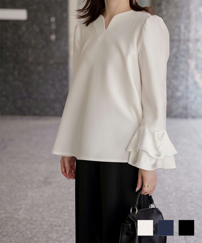 サテン ベルスリーブ ブラウス レディース 長袖 フレア オフィス 学校行事 オケージョン きれいめ 洗える ホワイト ネイビー ブラック M サテン ベルスリーブ ブラウス HUIT