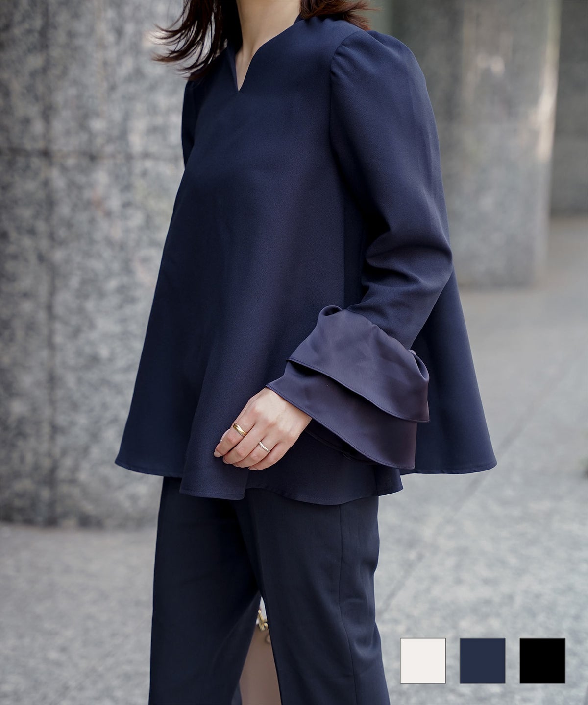 サテン ベルスリーブ ブラウス レディース 長袖 フレア オフィス 学校行事 オケージョン きれいめ 洗える ホワイト ネイビー ブラック M サテン ベルスリーブ ブラウス HUIT