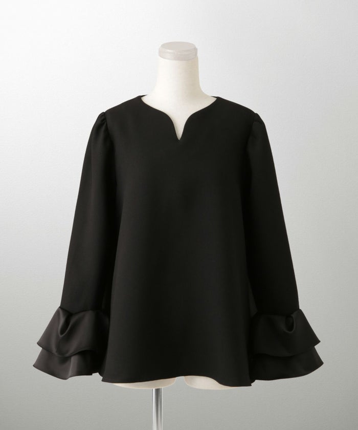 サテン ベルスリーブ ブラウス レディース 長袖 フレア オフィス 学校行事 オケージョン きれいめ 洗える ホワイト/ネイビー/ブラック/M