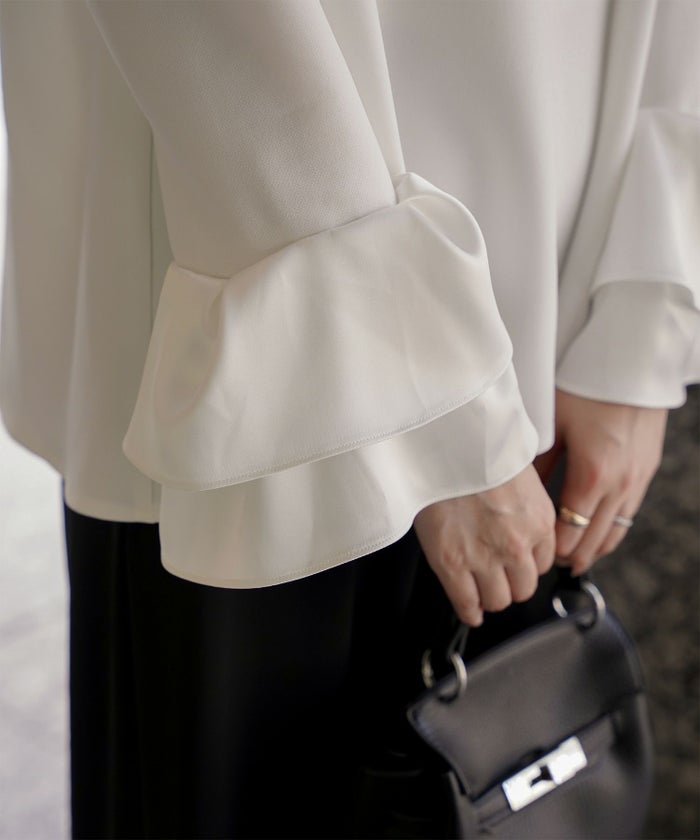 サテン ベルスリーブ ブラウス レディース 長袖 フレア オフィス 学校行事 オケージョン きれいめ 洗える ホワイト/ネイビー/ブラック/M