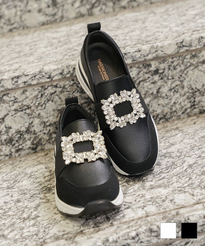 ビジュー バックル シューズ スニーカー シューズ スリッポン ビジュー バックル 歩きやすい クッション ホワイト ブラック S M L LL ビジュー バックル シューズ HUIT