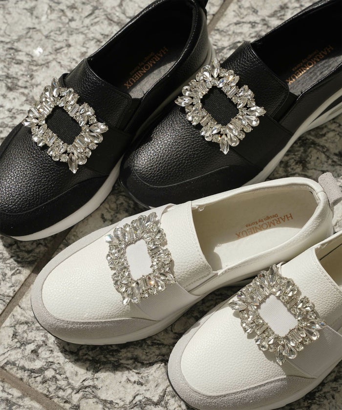 ビジュー バックル シューズ スニーカー シューズ スリッポン ビジュー バックル 歩きやすい クッション ホワイト ブラック S M L LL