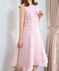 レディース ファッション ワンピース 秋冬 ピンク かわいい きれいめ ツイード フィット&フレア 大人 オフィス お呼ばれ デート パーティー スぺシャルツイード フロントパールファスナー ワンピース Prima Scherrer