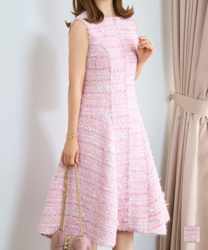 レディース ファッション ワンピース 秋冬 ピンク かわいい きれいめ ツイード フィット&フレア 大人 オフィス お呼ばれ デート パーティー スぺシャルツイード フロントパールファスナー ワンピース Prima Scherrer