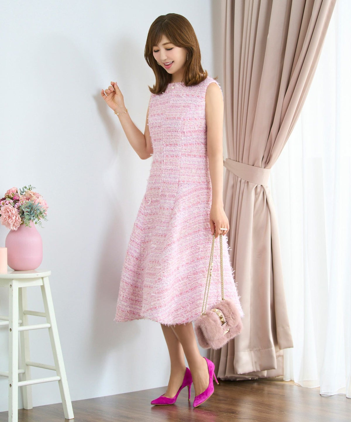 レディース ファッション ワンピース 秋冬 ピンク かわいい きれいめ ツイード フィット&フレア 大人 オフィス お呼ばれ デート パーティー