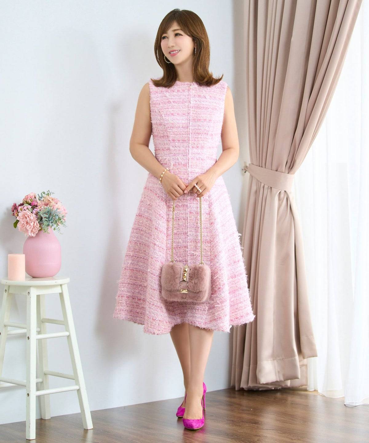 レディース ファッション ワンピース 秋冬 ピンク かわいい きれいめ ツイード フィット&フレア 大人 オフィス お呼ばれ デート パーティー
