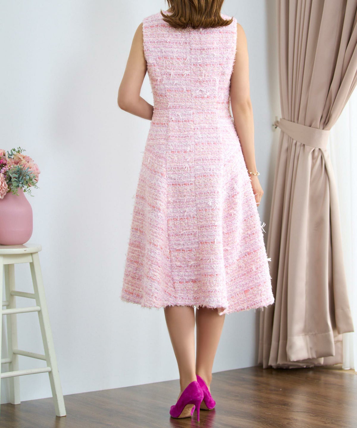 レディース ファッション ワンピース 秋冬 ピンク かわいい きれいめ ツイード フィット&フレア 大人 オフィス お呼ばれ デート パーティー