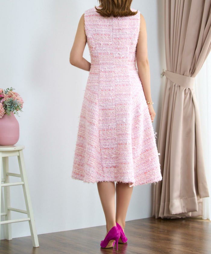 レディース ファッション ワンピース 秋冬 ピンク かわいい きれいめ ツイード フィット&フレア 大人 オフィス お呼ばれ デート パーティー