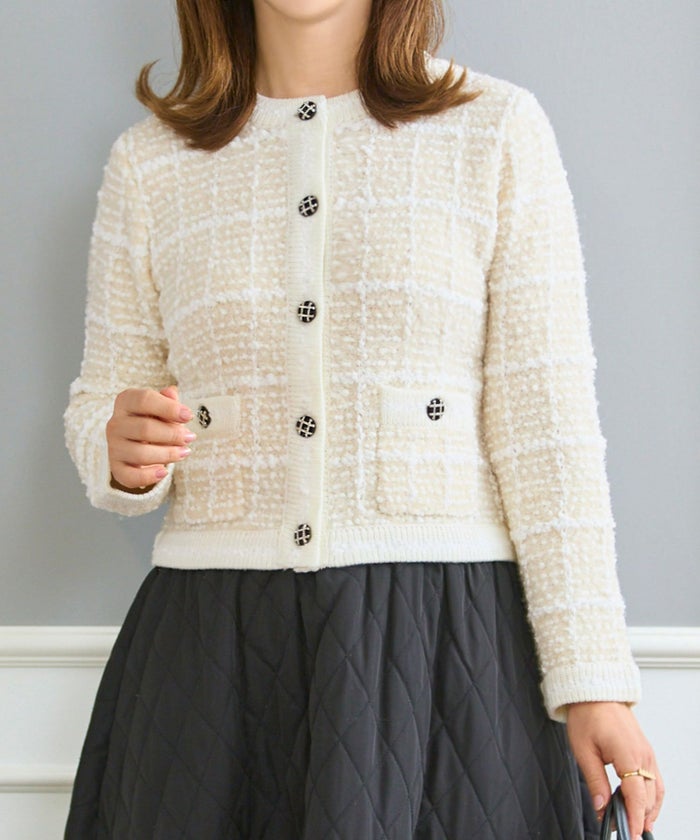 ニット トップス カーディガン ツイード調 アウター 羽織り チェック柄 カラフル オフィス きれいめ かわいい おしゃれ 秋冬春 長袖 ジョイントスペース