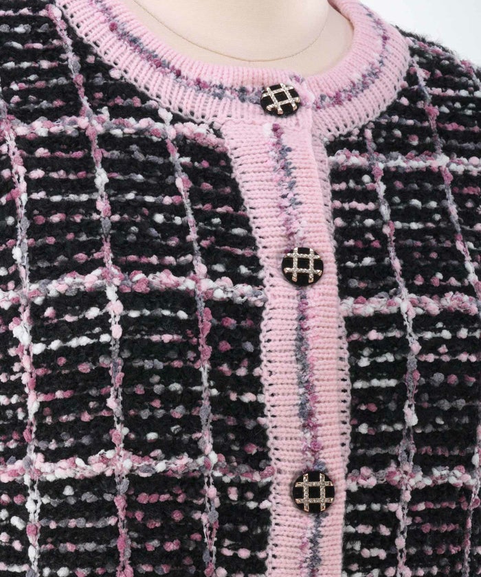 ニット トップス カーディガン ツイード調 アウター 羽織り チェック柄 カラフル オフィス きれいめ かわいい おしゃれ 秋冬春 長袖 ジョイントスペース