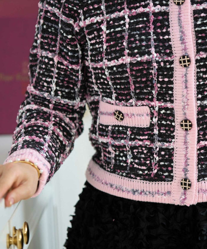 ニット トップス カーディガン ツイード調 アウター 羽織り チェック柄 カラフル オフィス きれいめ かわいい おしゃれ 秋冬春 長袖 ジョイントスペース