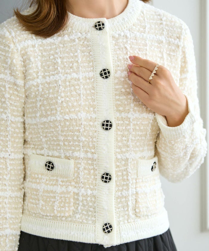 ニット トップス カーディガン ツイード調 アウター 羽織り チェック柄 カラフル オフィス きれいめ かわいい おしゃれ 秋冬春 長袖 ジョイントスペース