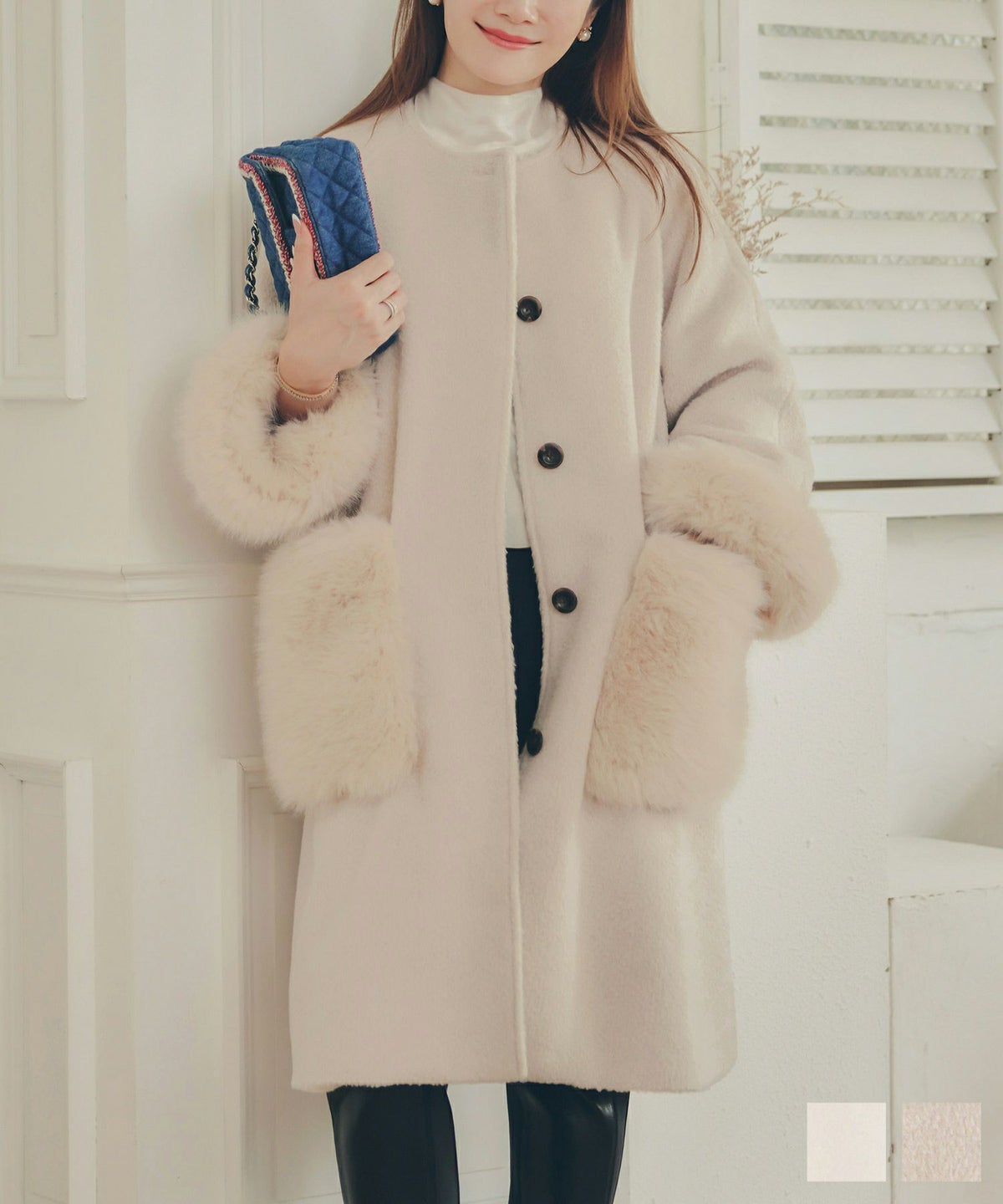 アウター レディース かわいい 上品 大人 カジュアル きれいめ オフィス フェニミン ジョイントスペース 袖口＆ポケット フェイクファー 丸首 コート Liala×PG