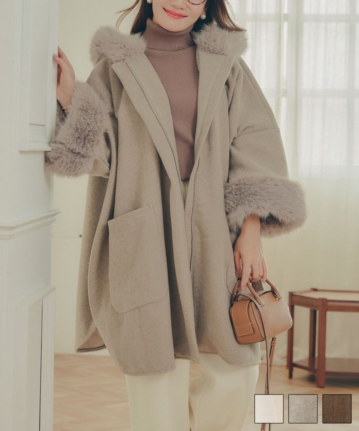 レディース 秋冬 大人可愛い 上品 きれいめ 大人カジュアル フェミニン フード ジョイントスペース フェイクファー ケープ ポンチョ Liala×PG